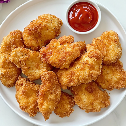 This image showcases crispy, golden-brown homemade KFC-style fried chicken, served on a white round plate with a side of ketchup in a small bowl.