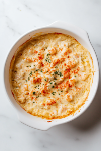 This image shows the golden, bubbling crab and shrimp dip, freshly baked and served with bread pieces on the side.
