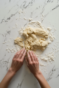 This image shows hands kneading the babka dough on a floured surface, developing the gluten for a light and airy texture.