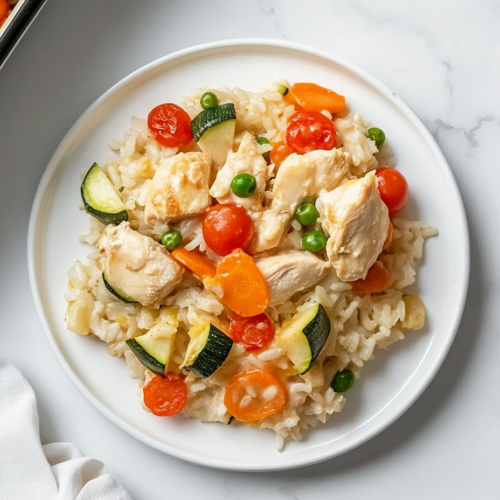 This image shows a freshly baked Knorr Creamy Chicken Rice Casserole, packed with tender chicken, peas, cherry tomatoes, and zucchini in a creamy, flavorful sauce.