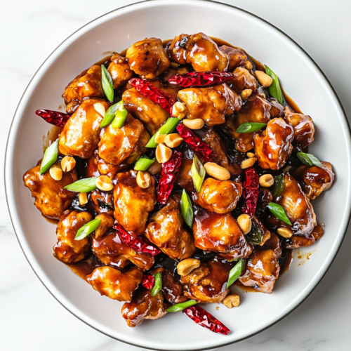 This image shows a plate of Kung Pao Chicken with marinated chicken pieces, garlic, ginger, chilies, Sichuan peppercorn powder, and scallions, all topped with crunchy peanuts for a bold and flavorful dish.