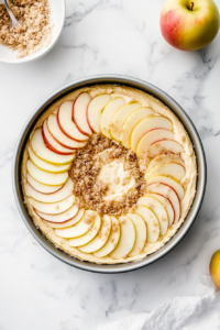 This image shows fresh apple slices being arranged over the batter, followed by a generous sprinkle of streusel for a crunchy, sweet finish.