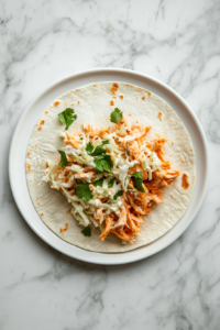 This image shows warm tortillas being filled with creamy coleslaw and spicy Buffalo chicken, creating a perfect balance of flavors and textures.