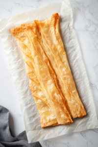 This image shows puff pastry being carefully placed onto the prepared baking sheet, ready to be filled and shaped into a delicious treat.