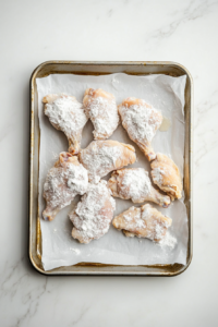 This image shows flour-coated chicken pieces resting on a tray, allowing the coating to adhere before frying.