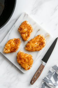 This image shows breaded chicken frying in hot oil, turning golden brown and crispy for the ultimate katsu texture.