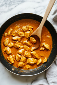 This image shows minced garlic and a blend of fragrant spices being added to the sautéed onions, releasing their deep, warm flavors.