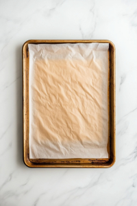 This image shows a baking sheet lined with parchment paper, ready for scooping the banana bread cookie dough.