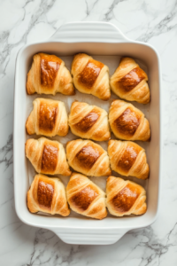 This image shows stuffed crescent rolls neatly arranged in a white baking dish, ready for the creamy sauce to be poured over.