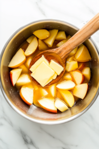 A pat of butter melting into the simmering apple mixture, adding a smooth, rich texture and deepening the flavors of the homemade apple pie filling.
