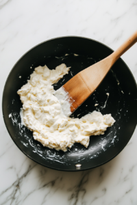 This image shows cream cheese being added to the skillet, melting into a rich and creamy sauce that will coat the pasta, chicken, and broccoli.