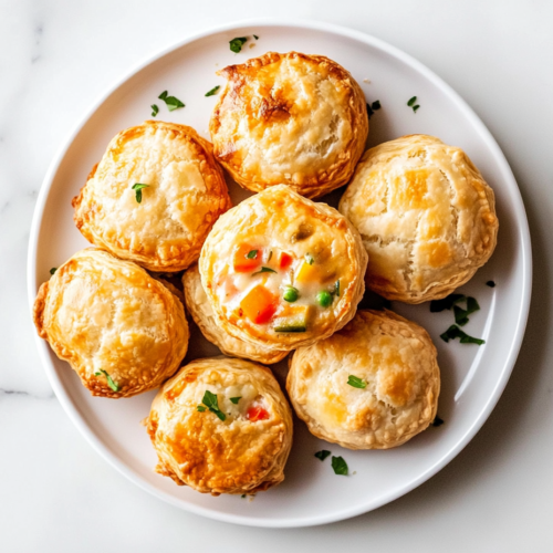 This image shows mini chicken pot pies arranged on a round white plate, garnished with freshly chopped cilantro. The pot pies are made with refrigerated biscuit dough and a creamy filling of chicken and vegetables.