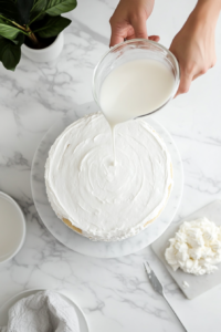 This image shows a smooth, glossy mirror glaze cascading over the frozen cake, creating a flawless, reflective surface.