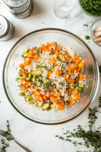 This image shows a bowl of cooked wild rice being combined with fresh chopped vegetables and herbs, adding color and flavor.
