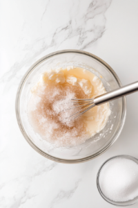 This image shows eggs and sugar being whisked together in a mixing bowl until light and smooth, an essential step for a creamy custard.