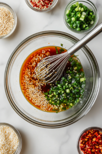 This image shows a rich and savory sauce being whisked together in a small bowl, ready to add bold flavor to the chicken katsu rice bowl.