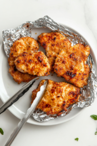 This image shows a hand using tongs to transfer the seared chicken pieces from the skillet onto a plate, setting them aside while the sauce is prepared.