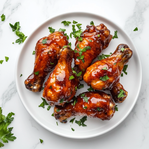This image shows beautifully glazed orange marmalade chicken pieces served on a white round plate, garnished with freshly chopped cilantro.