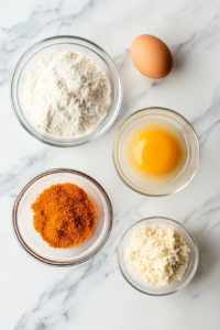 This image shows a well-organized breading station with separate bowls of flour, beaten eggs, and seasoned breadcrumbs, ready for coating the Chicken Kiev.