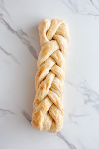This image shows the apple puff pastry being braided, creating an elegant twist that will bake into a golden, flaky masterpiece.