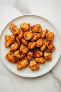 This image shows golden-browned chicken pieces resting on a plate after cooking, ensuring they remain juicy and flavorful.