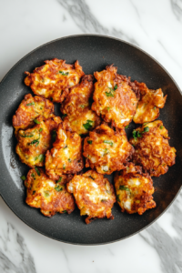 this image shows fritters removed from the pan on a black plate ready to be served with a dip.