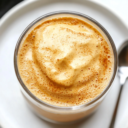 This image shows a creamy, fluffy whipped coffee served in a glass mug, accompanied by sweet breads and a spoon on the side, ready to be enjoyed.