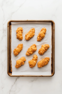 This image shows a top-down view of coated chicken tenders being placed on a lined baking sheet, preparing for baking to achieve a crispy texture.