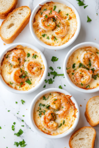 This image shows the cheesy garlic shrimp beautifully plated, garnished with fresh parsley, and served with brown bread fingers for dipping.