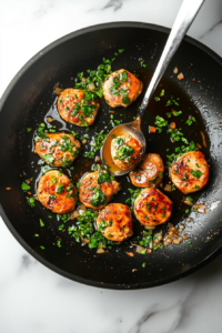 This image shows the finished garlic butter chicken plated and garnished with freshly chopped herbs, ready to be served.