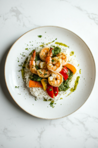 This image shows the final dish being plated, with saucy shrimp served over a bed of perfectly cooked rice for a satisfying meal.