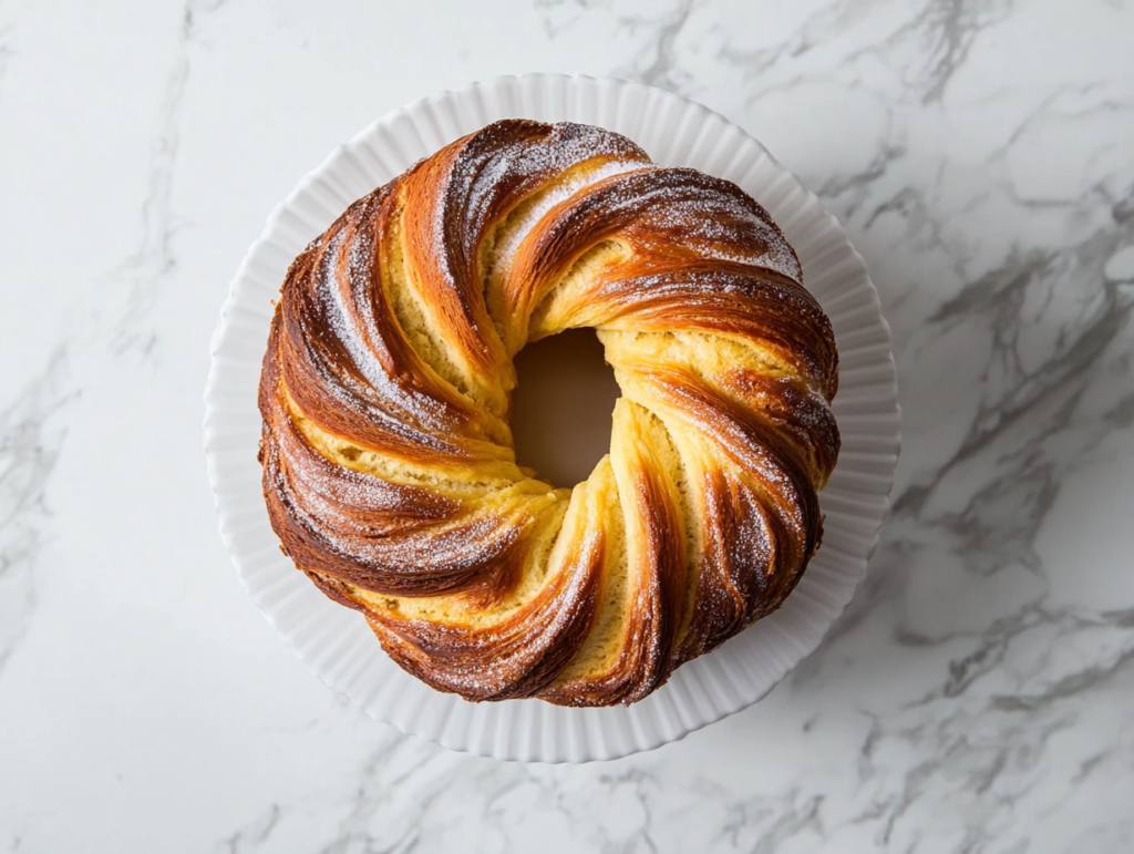A beautifully baked Polish cheese babka with a golden-brown spiral form, lightly dusted with powdered sugar for a sweet and elegant finish.