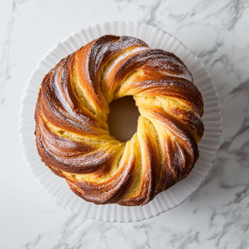A beautifully baked Polish cheese babka with a golden-brown spiral form, lightly dusted with powdered sugar for a sweet and elegant finish.