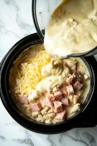 This image shows a hand pouring more creamy sauce over layers of chicken, ham, and cheese in a slow cooker, ensuring even coverage.