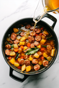 This image shows a steady stream of golden chicken broth being poured into the pot, with a bay leaf floating on the surface, adding aromatic depth to the gumbo.