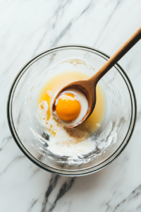 This image shows an egg and warm milk mixture being poured into the bowl of dry ingredients, beginning the process of forming the cinnamon roll dough.
