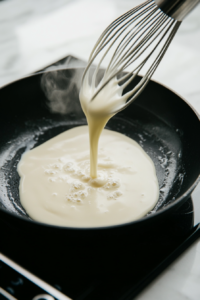 This image shows fresh milk being poured into a pan, blending with butter and flour to create a creamy base for the pasta sauce.