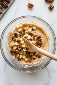 This image shows the apple cake batter being poured evenly into a prepared baking pan, ready to go into the oven.