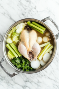 This image shows water being poured into a stockpot, fully submerging the chicken to create a flavorful base for the dish.