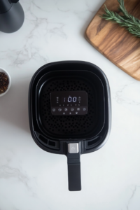 This image shows an air fryer being preheated and prepared for cooking Chicken Kiev, ensuring an evenly crispy and golden exterior.