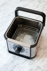 This image shows a deep fryer being preheated, preparing the oil to the perfect temperature for frying crispy breaded Chinese chicken.