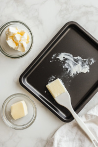This image shows an oven being preheated while baking sheets are greased, preparing the perfect surface for baking Cowboy Cookies.