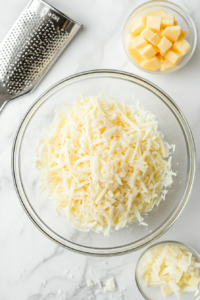 This image shows grated cheese being mixed and prepared for topping the shrimp, creating a rich and melty layer.