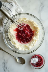 This image shows softened butter, cream cheese, and powdered sugar being whisked together into a smooth and creamy frosting.