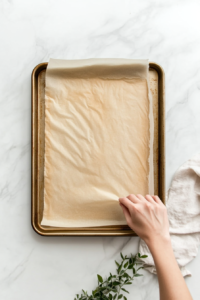 This image shows an oven being preheated and a baking sheet lined with parchment paper, ready for baking pigs in a blanket.
