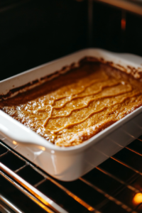 This image shows a baking dish inside an oven, where the pumpkin bars are rising and turning