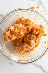 This image shows a piece of coated chicken being gently shaken to remove excess flour, ensuring an even, crispy crust when fried.