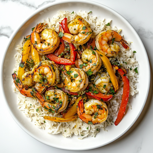 This image shows a plate of Salsa Verde Shrimp and Rice, featuring tender shrimp coated in a creamy sauce made with mayo, honey, and milk, served over fluffy rice.