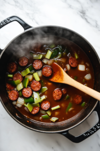 This image shows sliced sausage sizzling in a pot along with chopped celery, bell pepper, and onion, the classic “holy trinity” of Cajun cooking, building the base flavors of the gumbo.