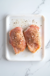 This image shows raw chicken breasts being evenly seasoned with salt, pepper, and aromatic spices to enhance the flavor before stuffing and breading.
